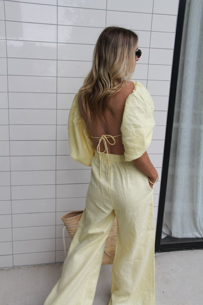 The Ease Kea Top - open back top with back tie in lemon/ yellow colour. Made from linen. 