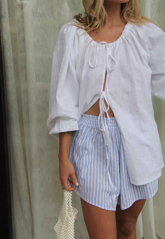 The Ease Piper short - blue and white striped cotton short with pockets and elastic waist