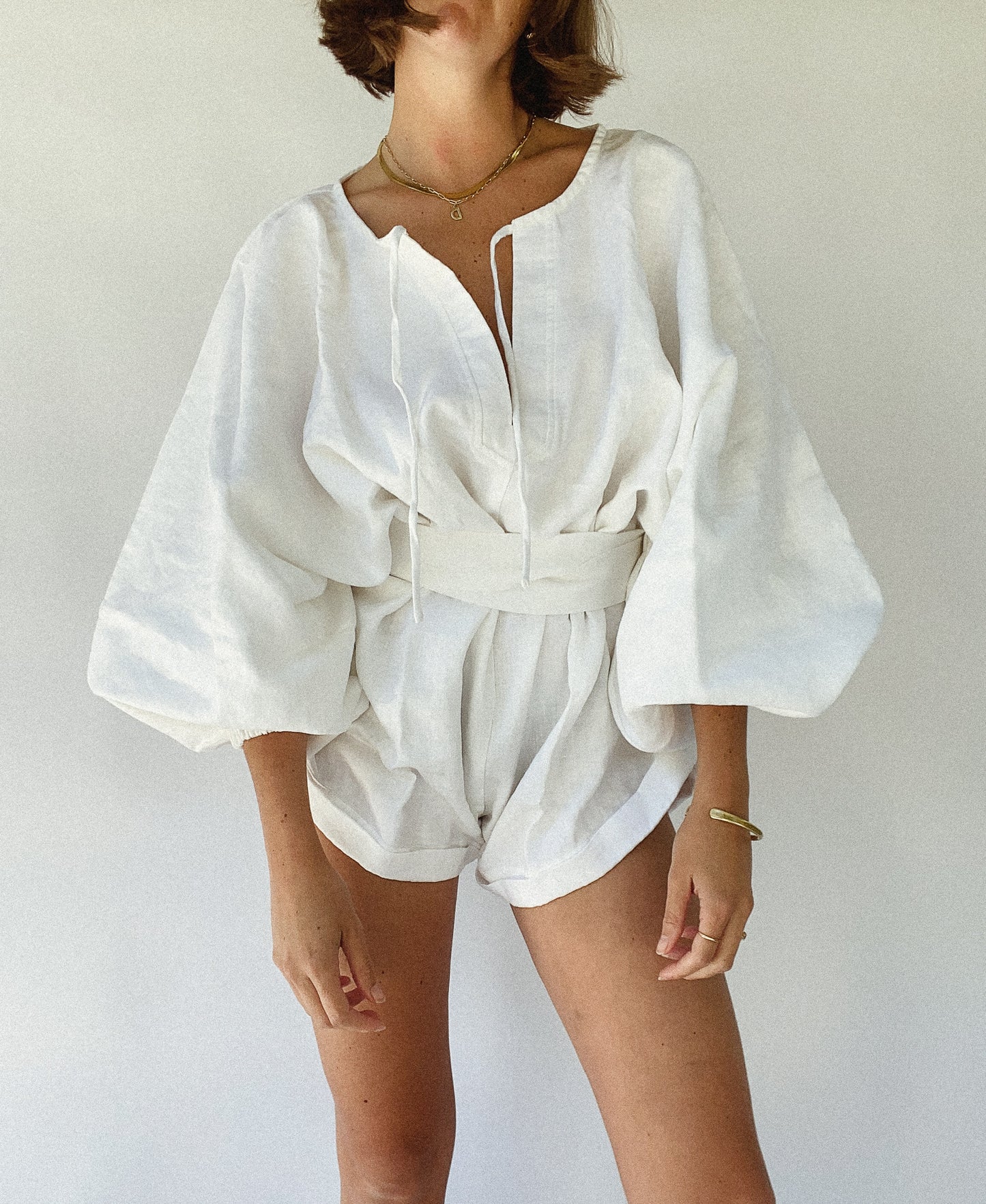 The Ease Label - Keros Romper - White Linen Romper with waist tie