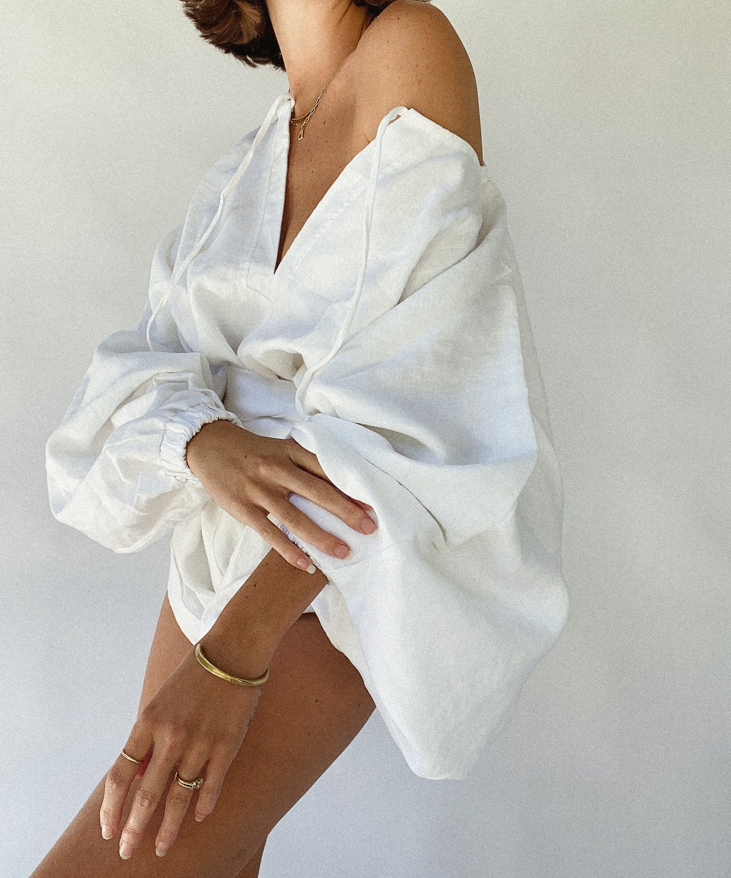 The Ease Label - Keros Romper - White Linen Romper with balloon sleeves