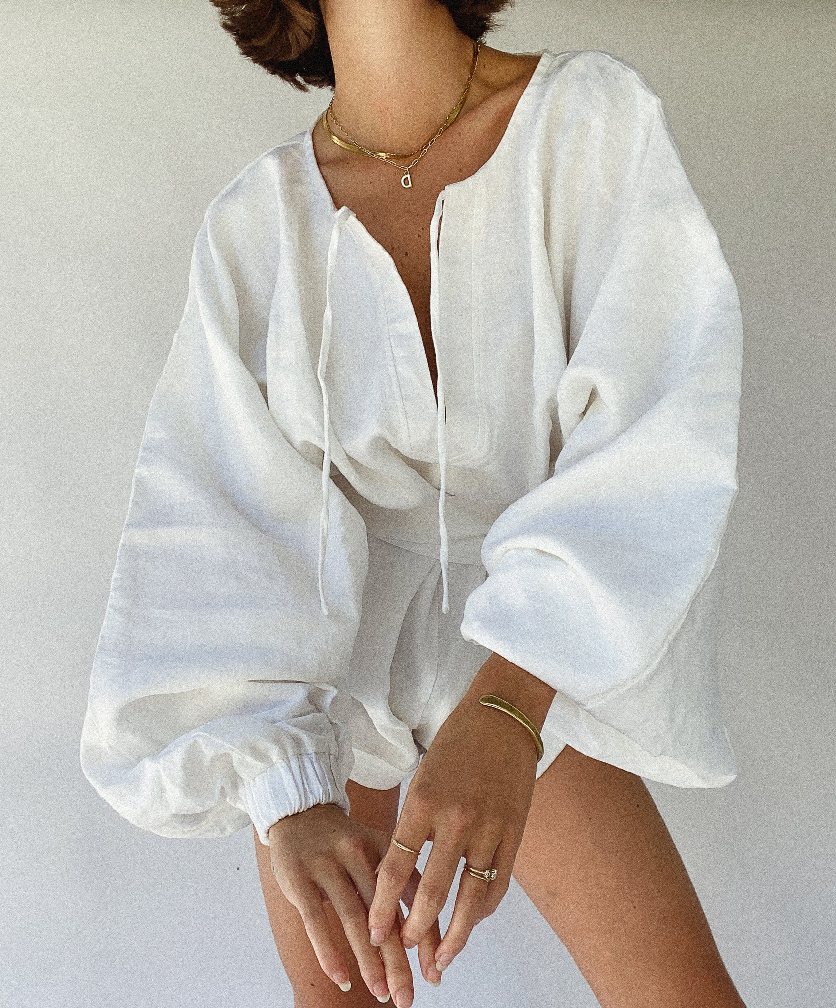 The Ease Label - Keros Romper - White Linen Romper with balloon sleeves