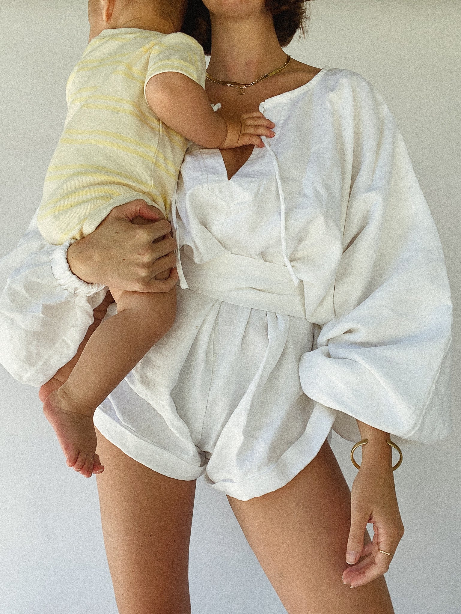 The Ease Label - Keros Romper - White Linen Romper with balloon sleeves