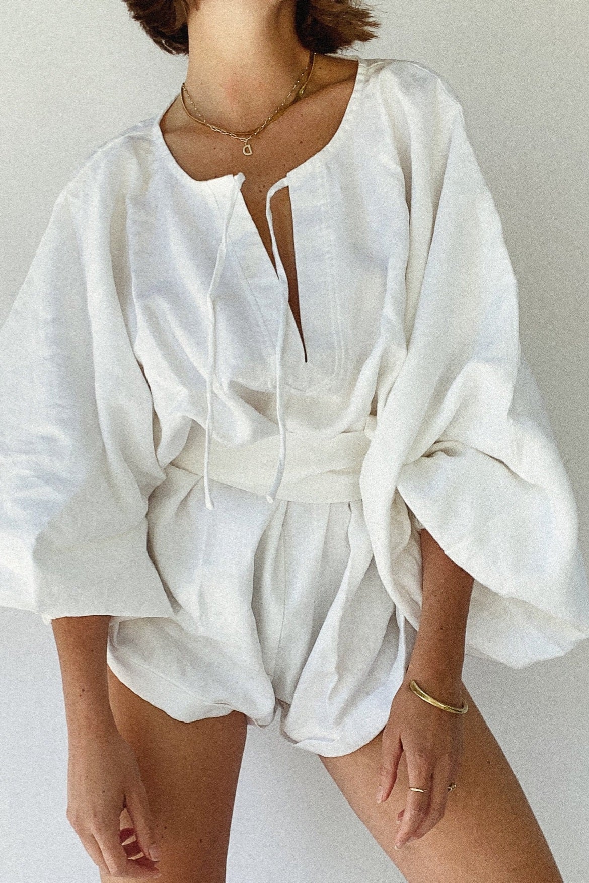 The Ease Label - Keros Romper - White Linen Romper with balloon sleeves